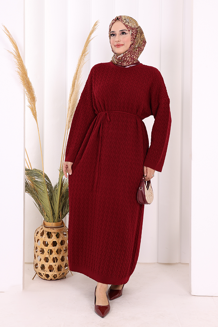 RUHENA Strickkleid mit Zopfmuster und Bindegürtel – Einheitsgröße (36–50) | RH-B-EL-0014
