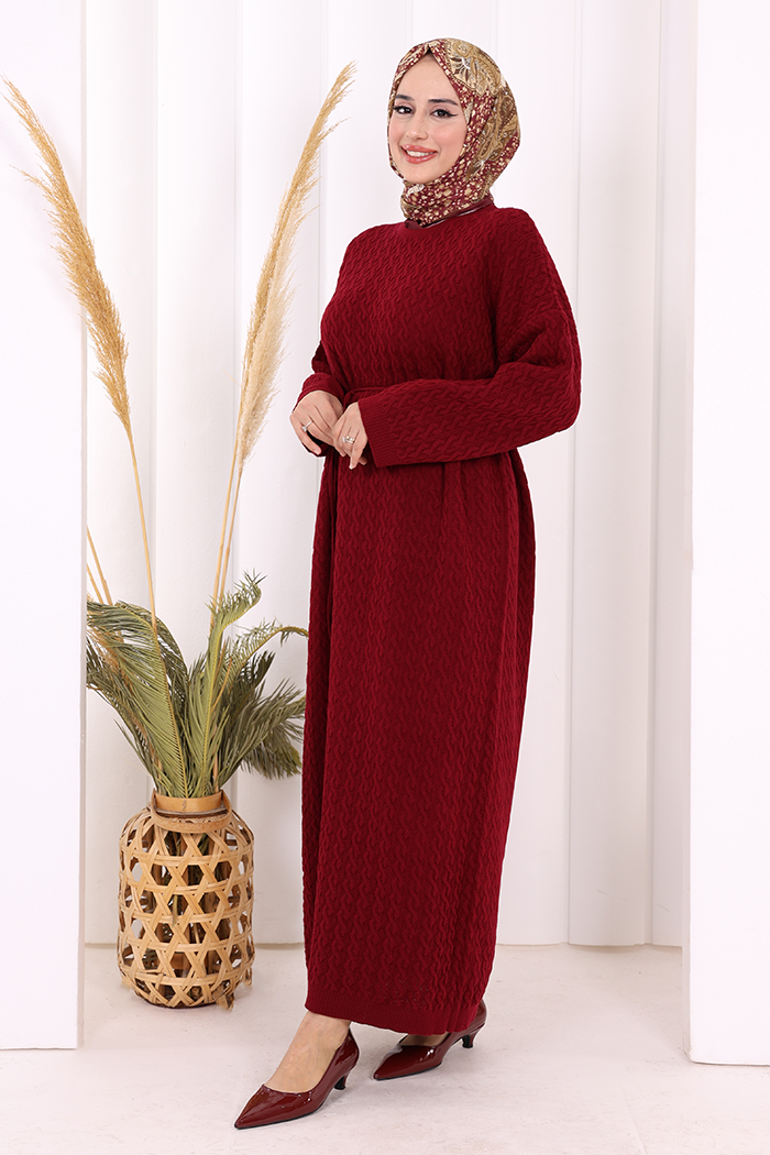 RUHENA Strickkleid mit Zopfmuster und Bindegürtel – Einheitsgröße (36–50) | RH-B-EL-0014