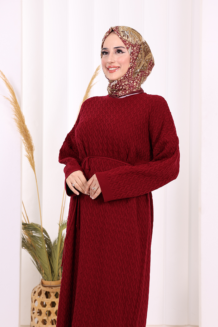 RUHENA Strickkleid mit Zopfmuster und Bindegürtel – Einheitsgröße (36–50) | RH-B-EL-0014
