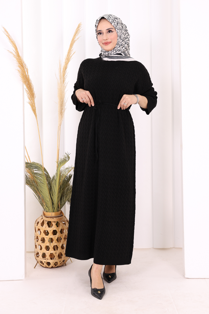 RUHENA Strickkleid mit Zopfmuster und Bindegürtel – Einheitsgröße (36–50) | RH-B-EL-0014