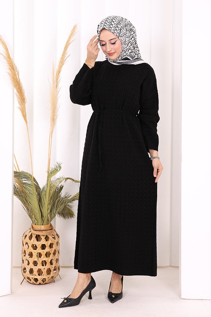 RUHENA Strickkleid mit Zopfmuster und Bindegürtel – Einheitsgröße (36–50) | RH-B-EL-0014