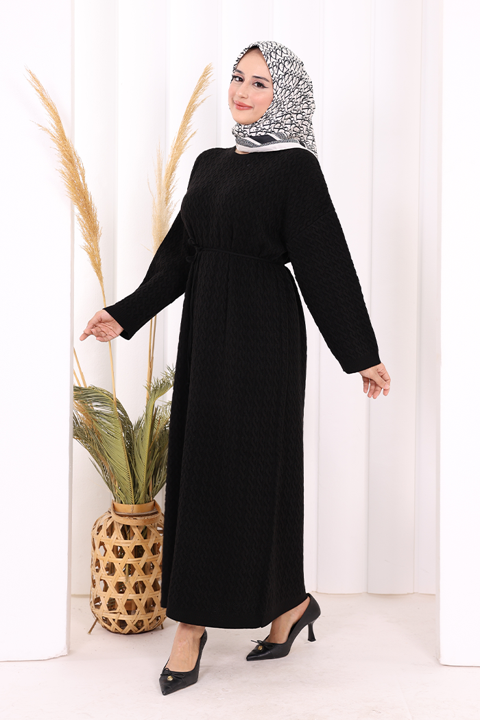 RUHENA Strickkleid mit Zopfmuster und Bindegürtel – Einheitsgröße (36–50) | RH-B-EL-0014