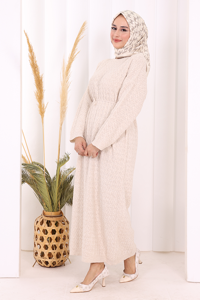 RUHENA Strickkleid mit Zopfmuster und Bindegürtel – Einheitsgröße (36–50) | RH-B-EL-0014