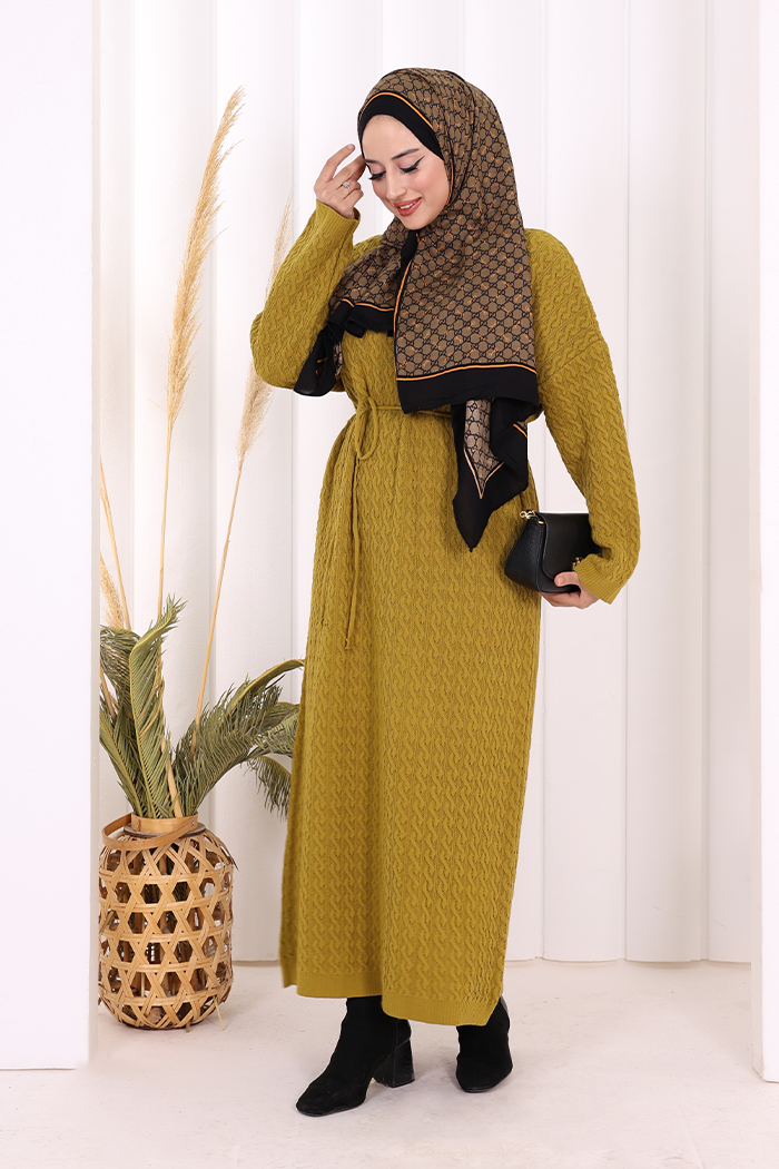 RUHENA Strickkleid mit Zopfmuster und Bindegürtel – Einheitsgröße (36–50) | RH-B-EL-0014