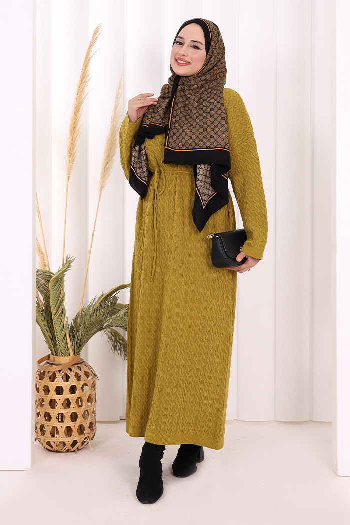 RUHENA Strickkleid mit Zopfmuster und Bindegürtel – Einheitsgröße (36–50) | RH-B-EL-0014