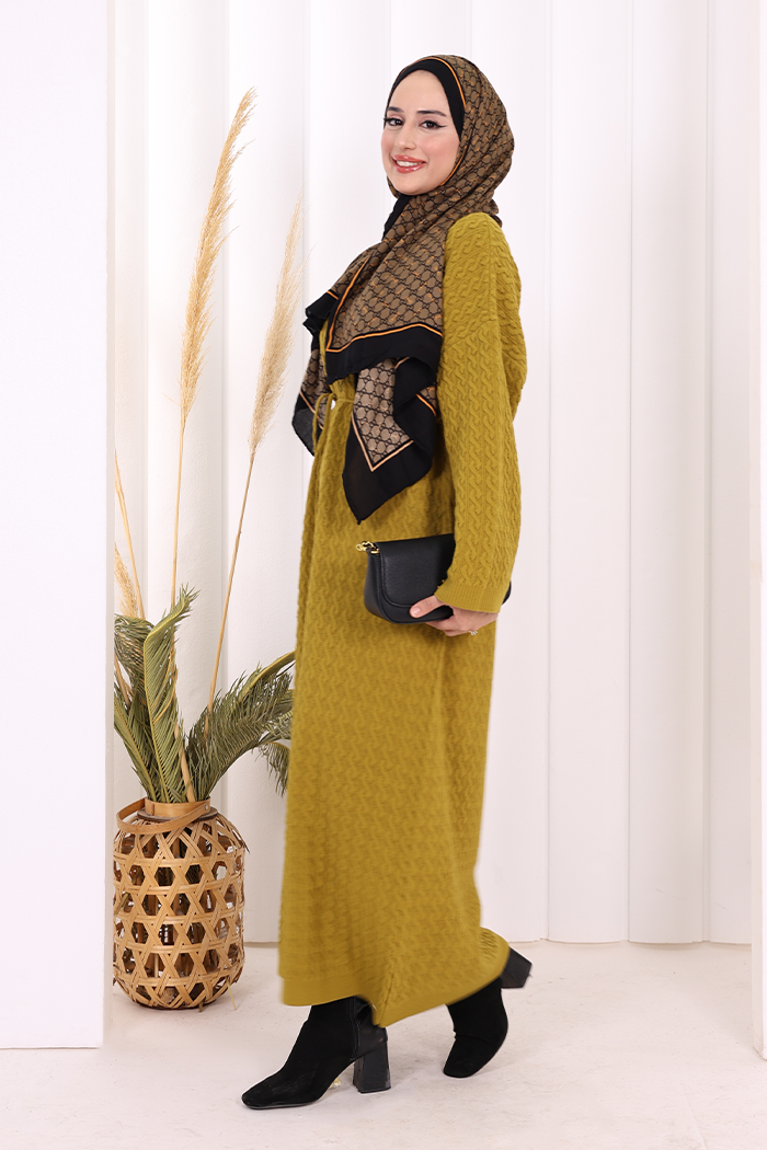 RUHENA Strickkleid mit Zopfmuster und Bindegürtel – Einheitsgröße (36–50) | RH-B-EL-0014