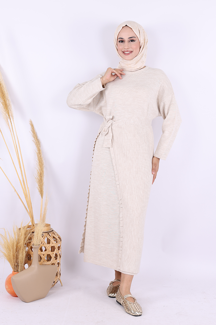 RUHENA Strickkleid-Set mit Pelerine – Taupe & Schwarz (Einheitsgröße 36–46) RH-B-EL-0010