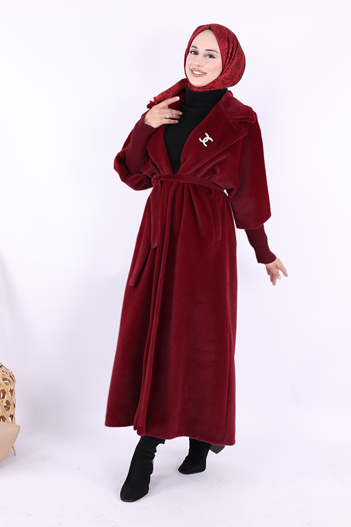 RUHENA Maxi-Mantel in Felloptik mit Bindegürtel – Bordeaux RH-B-TC-0006