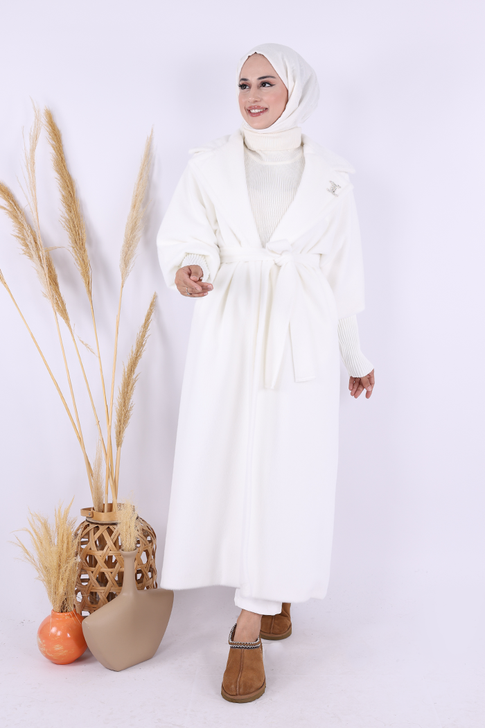 RUHENA Maxi-Mantel in Felloptik mit Bindegürtel – Bordeaux RH-B-TC-0006