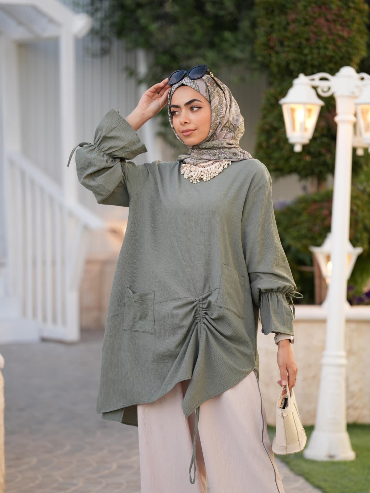 RUHENA Asymmetrisches Tunik-Set mit Raffung – Schwarz / Blau / Mint RH-M-TK-0004