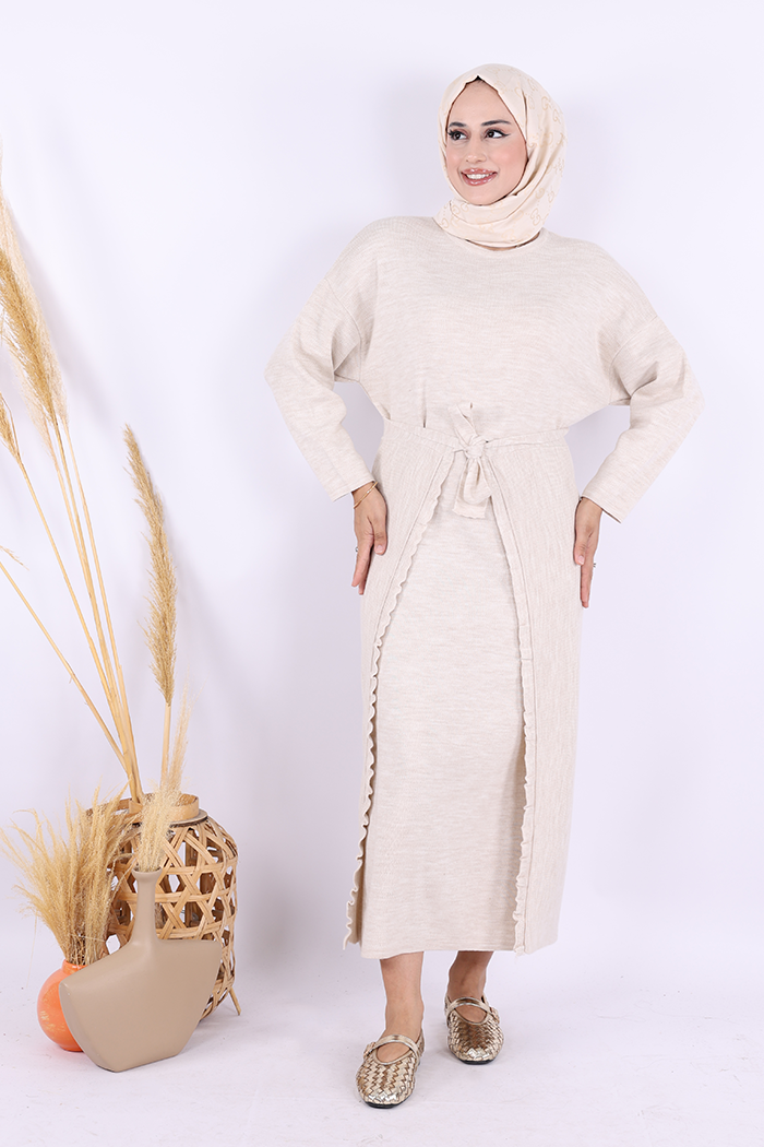 RUHENA Strickkleid-Set mit Pelerine – Taupe & Schwarz (Einheitsgröße 36–46) RH-B-EL-0010