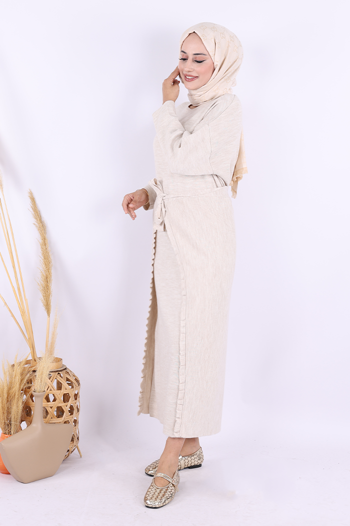 RUHENA Strickkleid-Set mit Pelerine – Taupe & Schwarz (Einheitsgröße 36–46) RH-B-EL-0010