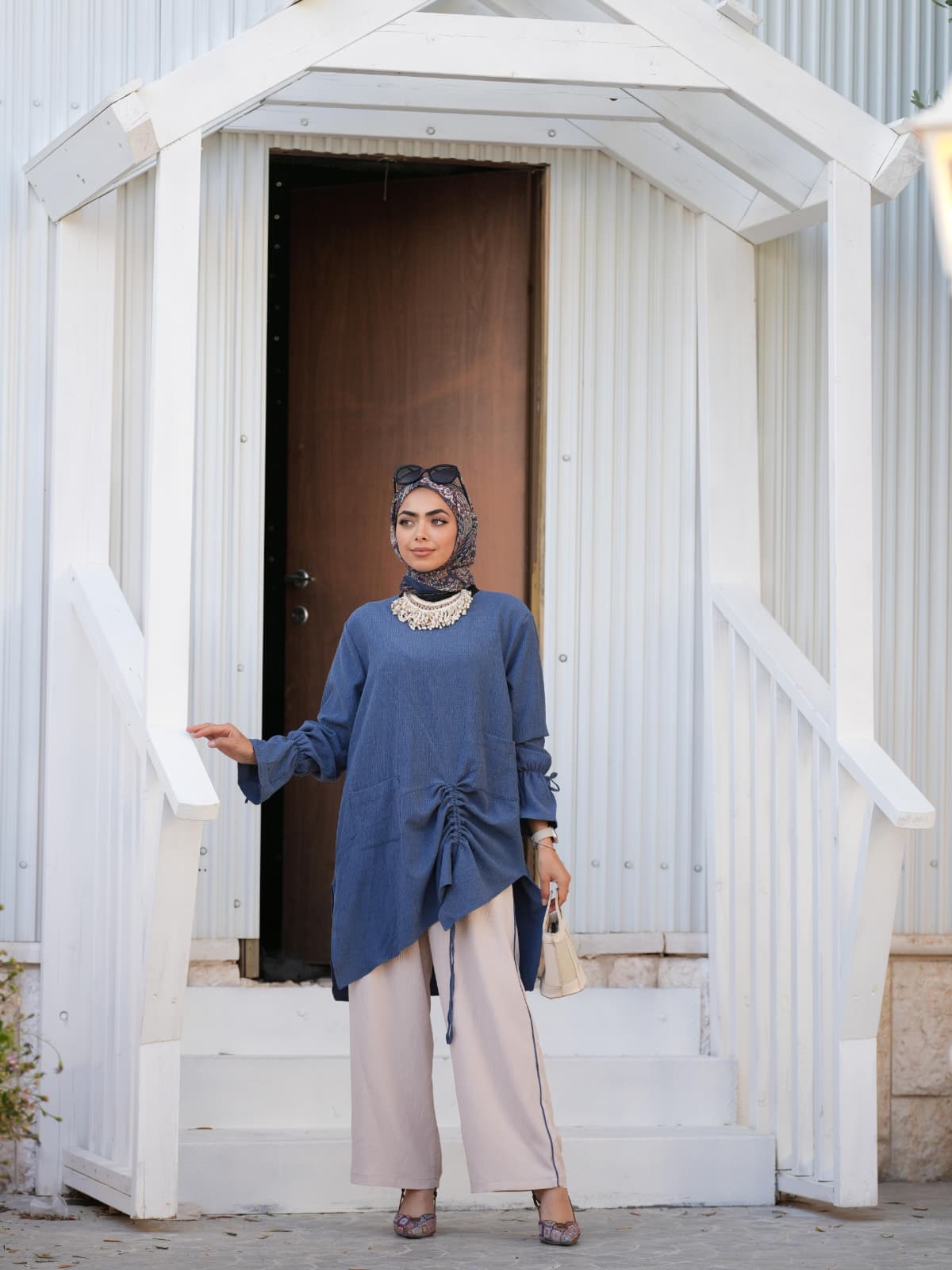 RUHENA Asymmetrisches Tunik-Set mit Raffung – Schwarz / Blau / Mint RH-M-TK-0004