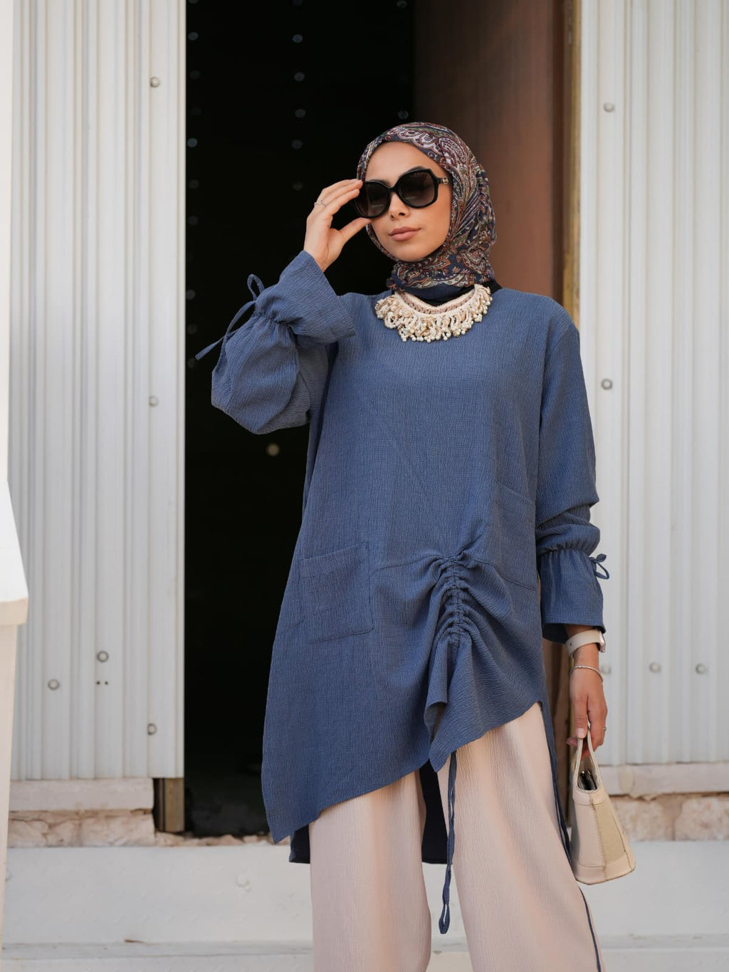 RUHENA Asymmetrisches Tunik-Set mit Raffung – Schwarz / Blau / Mint RH-M-TK-0004