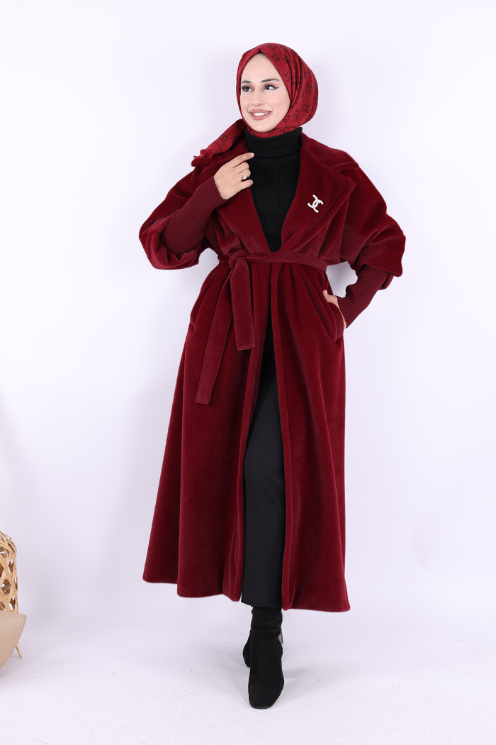 RUHENA Maxi-Mantel in Felloptik mit Bindegürtel – Bordeaux RH-B-TC-0006