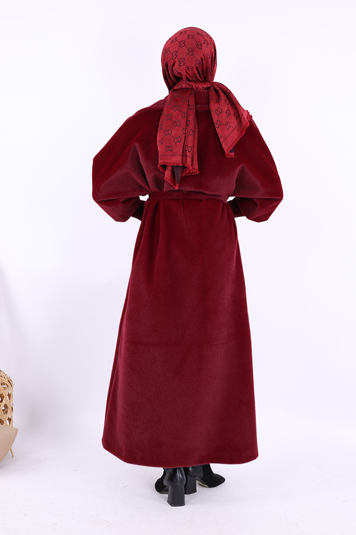 RUHENA Maxi-Mantel in Felloptik mit Bindegürtel – Bordeaux RH-B-TC-0006