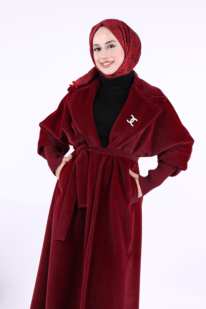 RUHENA Maxi-Mantel in Felloptik mit Bindegürtel – Bordeaux RH-B-TC-0006