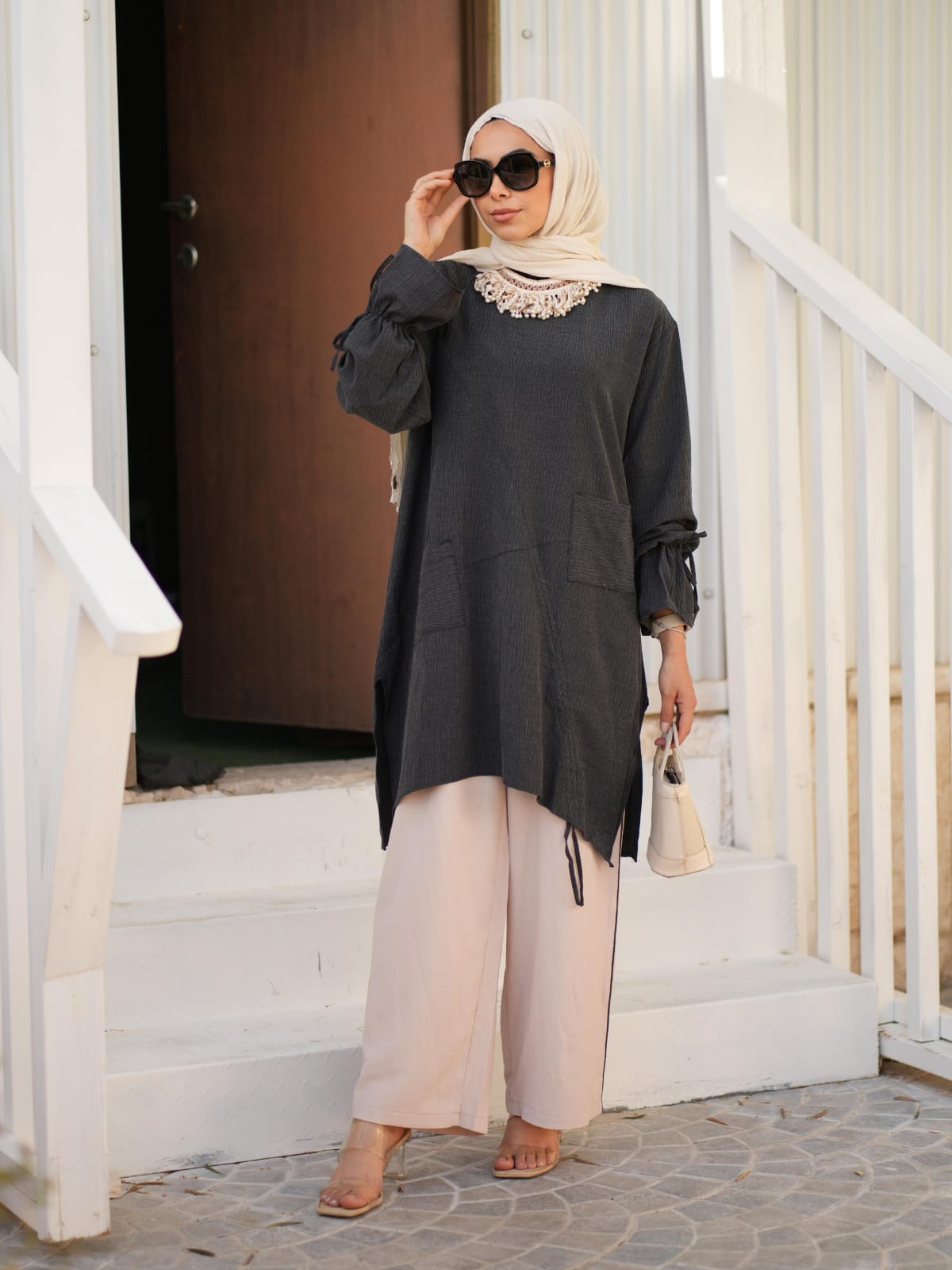 RUHENA Asymmetrisches Tunik-Set mit Raffung – Schwarz / Blau / Mint RH-M-TK-0004